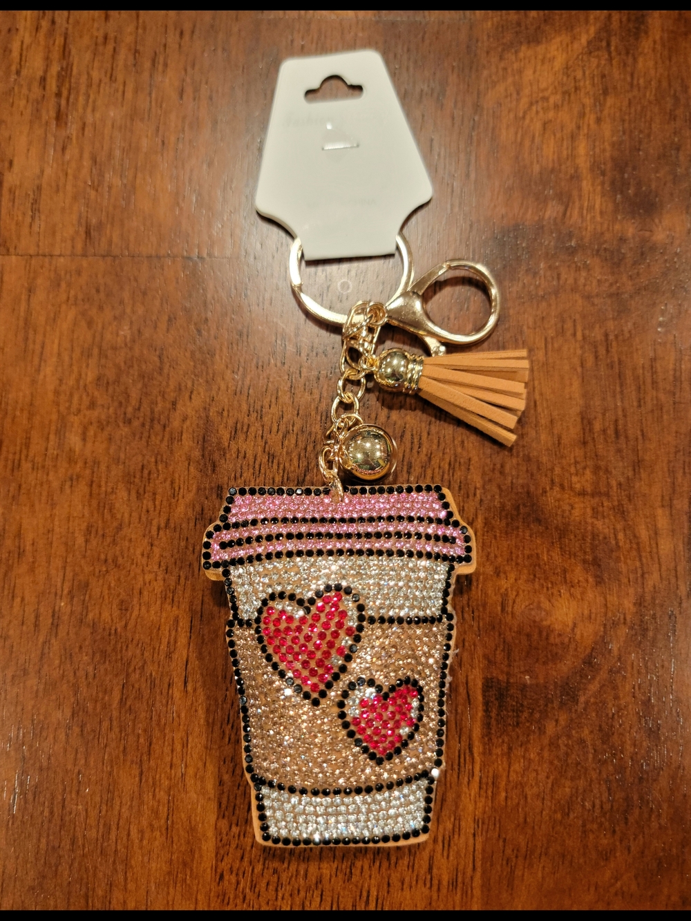 Sparkling Rhinestone Coffee Cup Keychain Charm with Pink Lid and Red Hearts